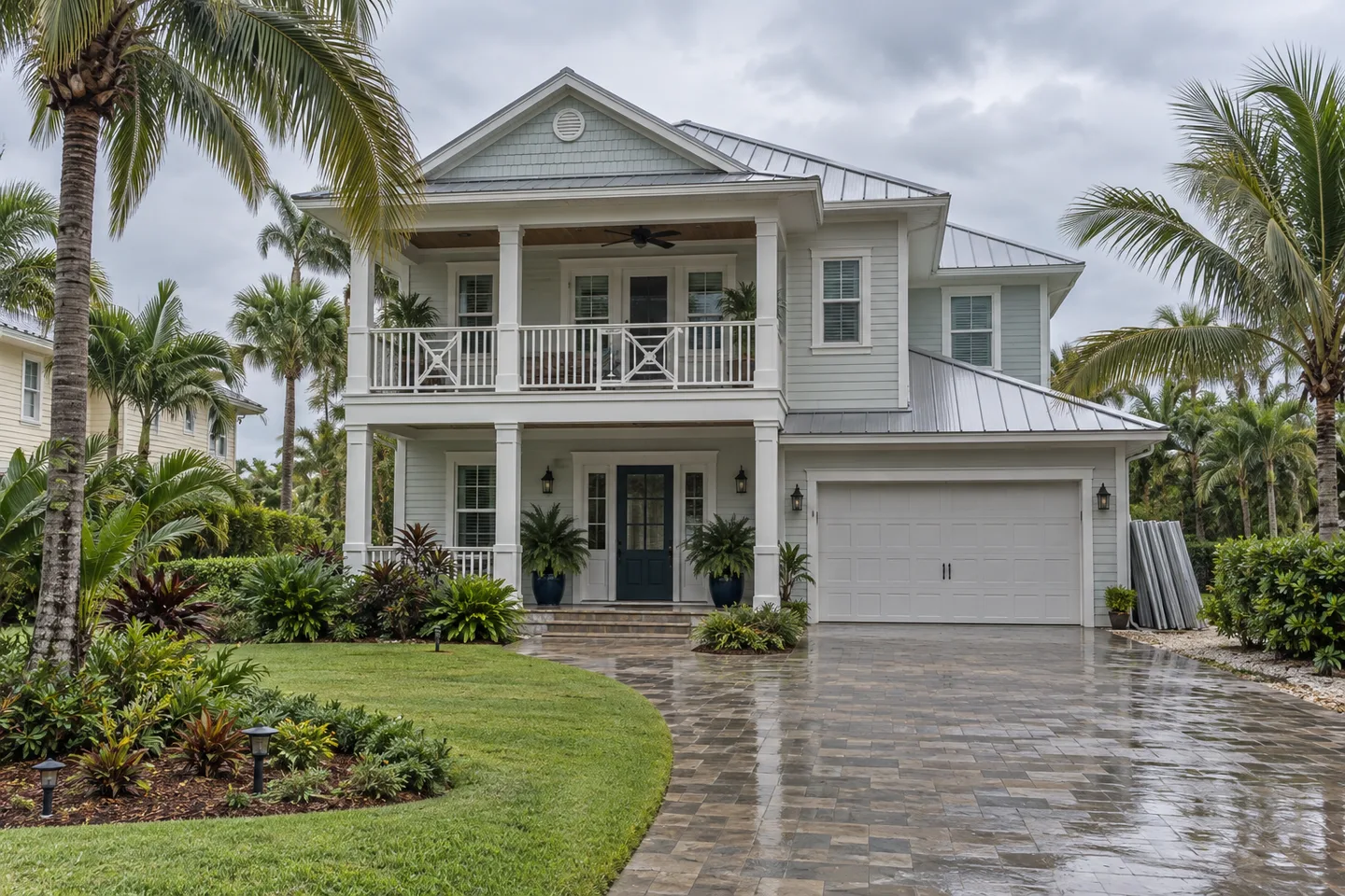 Coastal Florida home with palm landscaping after a light rain.